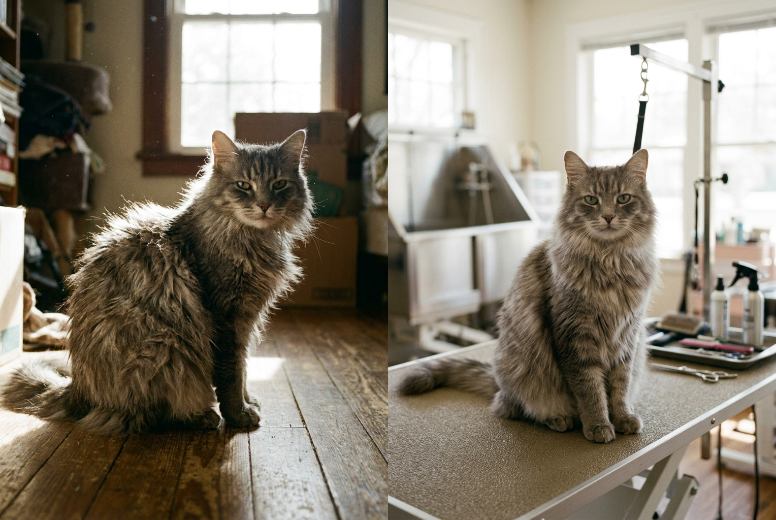 Tangled fluff brushed out to a clean, soft finish — same grey tabby stripes.