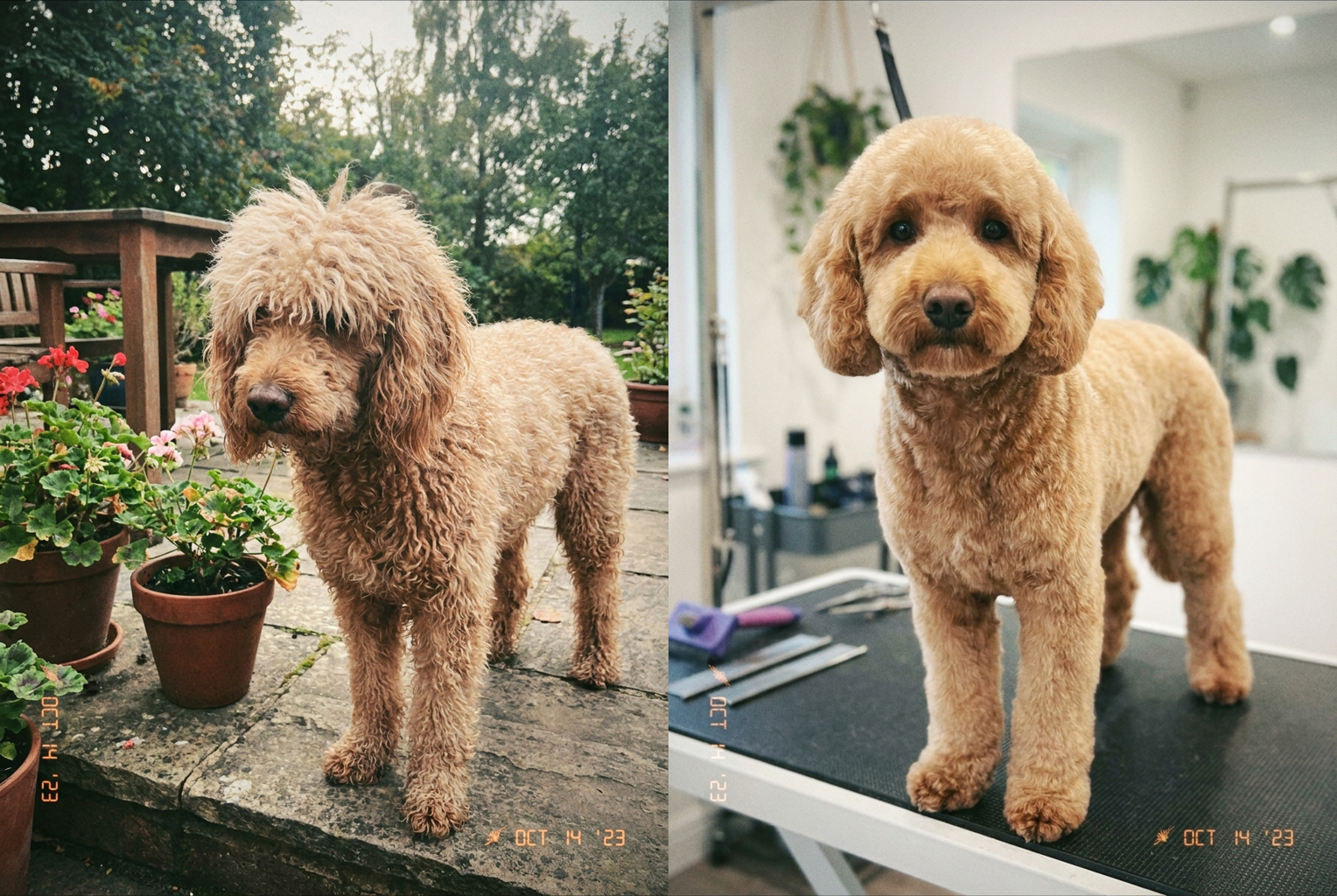 Overgrown curls sculpted into a rounded teddy-bear groom — same apricot colour.