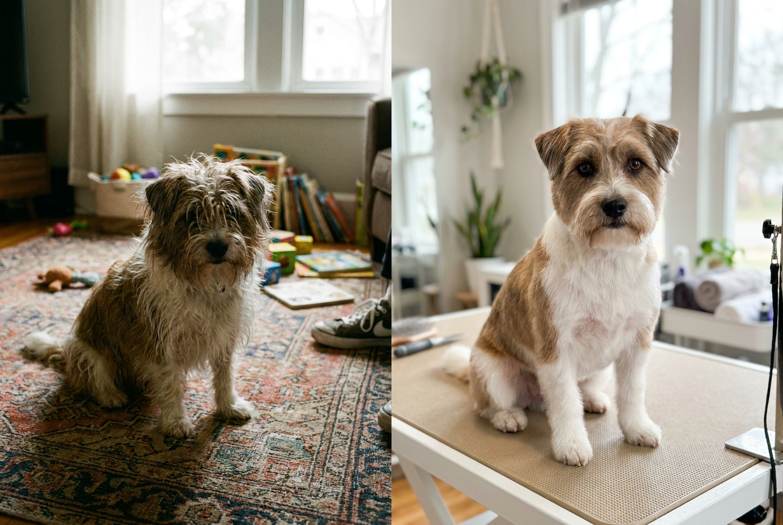 Overgrown coat in, crisp tidy fade out — same brown-and-white markings.