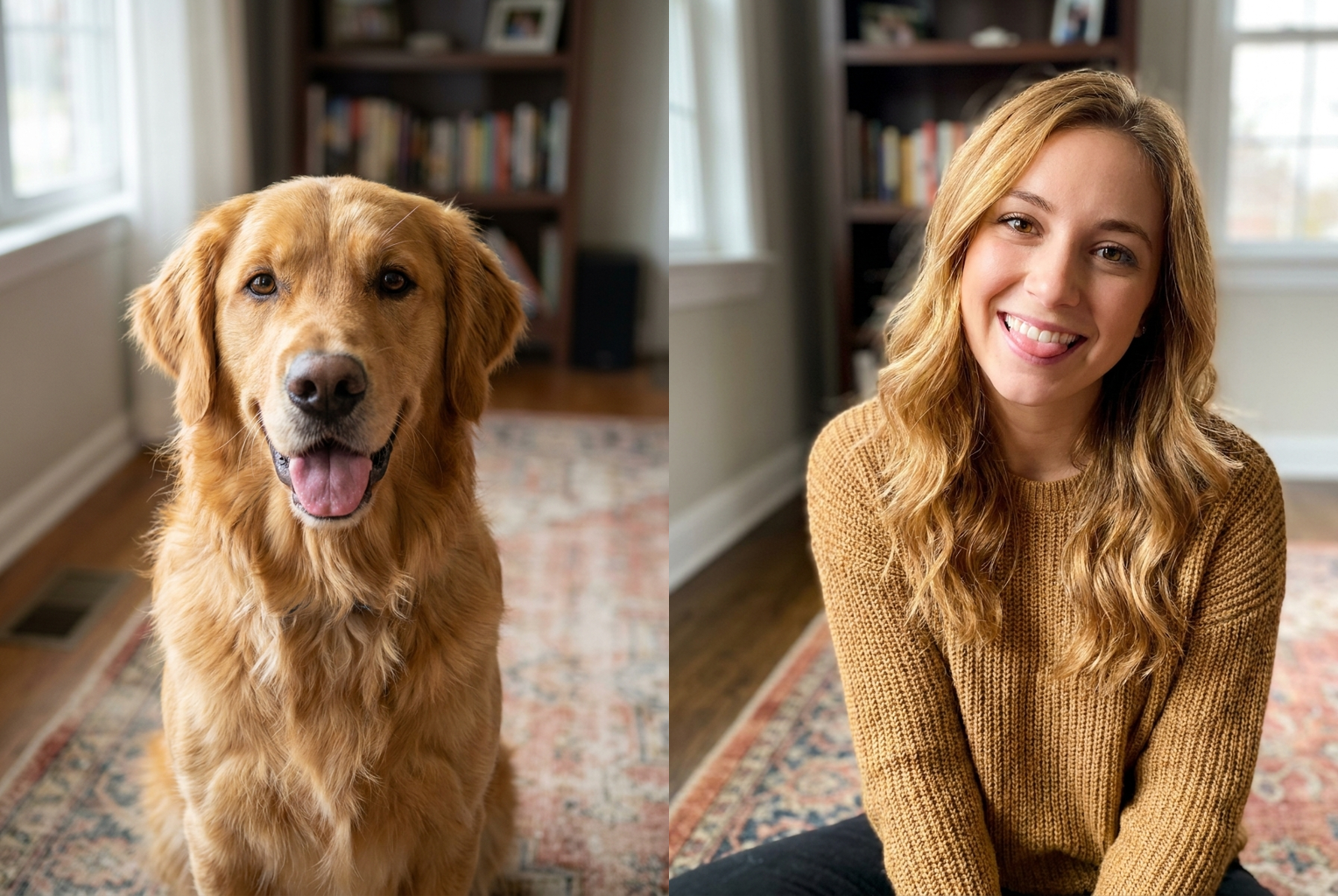 Warm golden coat becomes wavy blond hair — the friendly grin survives the transformation