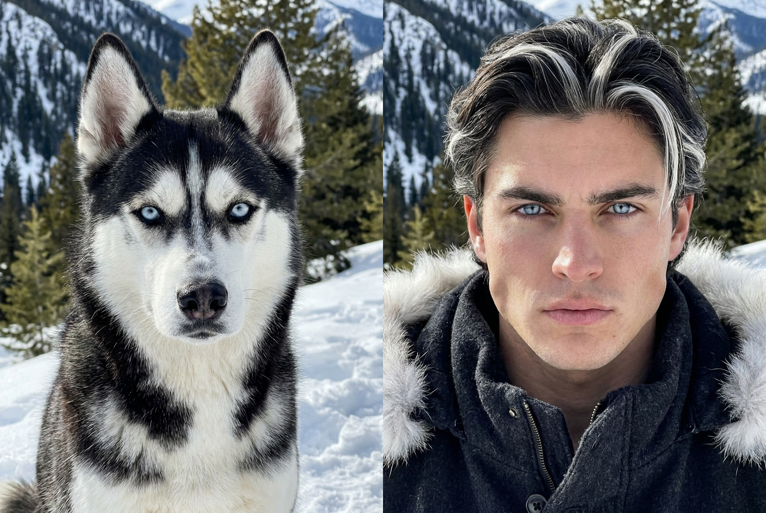 Ice-blue eyes and black-and-white coloring carry straight into the human version