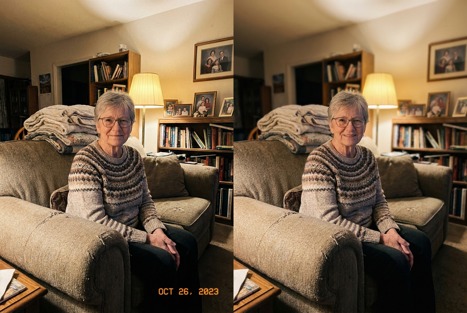 Before → After: grainy yellow indoor light turned into a warm, print-worthy portrait — glasses and grey hair kept