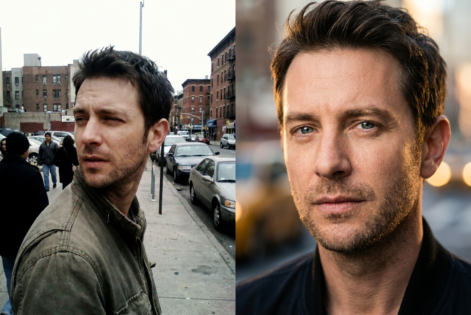 Before → After: flat midday sun and busy street softened into a clean, professional headshot look