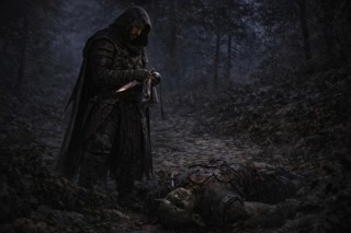 The rogue wipes his blade clean. Everything else is motionless.