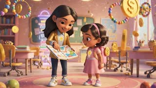Create a high-quality 3D Pixar-style animated scene featuring two young Latina sisters named Estrategia (7 years old) and Inversión (4 years old). Estrategia has long dark slightly wavy hair, confident smile, wearing a soft gold blazer, white shirt with a small lightbulb symbol, modern jeans, and white sneakers with gold details. She holds a small planner labeled "Plan".

Inversión has short soft curly dark hair, bright expressive eyes, wearing a pastel pink dress, pink sneakers, and a small backpack with a gold money symbol. She looks curious and sweet.

The environment is a colorful magical financial classroom with pastel pink, gold and warm yellow tones. Soft cinematic lighting, ultra detailed, animated movie quality, friendly and educational atmosphere.