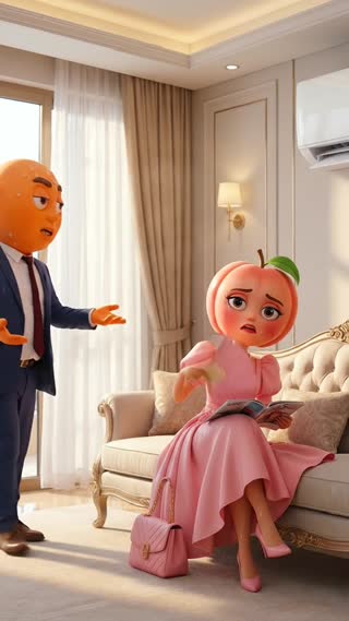 Create vertical (9:16) cinematic commercial video.
consistent anthropomorphic fruit characters:
🍊 Male Orange

IMPORTANT:
Use the uploaded reference image as the exact character reference.
Keep the same characters throughout the entire video.
Do NOT change their faces, colors, textures, clothes, or appearance.
They speak ONLY Persian with accurate Persian lip sync.
No subtitles and no text on screen.

Scene:
A hot summer day inside a modern home.
The EUROICE air conditioner is mounted on the wall but it is OFF .
The room feels hot and uncomfortable.
do not change the color or logo of air conditioner 
🍊 Orange says in Persian:
«چقدر هوا گرمه ، منم الان آب پرتقال میشم 😂»
🍊 Orange:
The same Orange character from the reference image.
He walks into the room and stands near the sofa, looking exhausted from the heat.
🍊 Orange says in Persian:
«خانم پیاز بفهمه خیلی ناراحت میشه»

They look frustrated because of the heat.
No subtitles. No captions. No text on screen.
make with the highest quality in a cinematic scene with professional lighting, shallow depth of field, and movie-quality visual effects