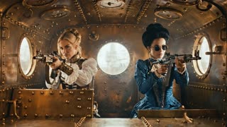 Interior of armored car, all brass with portholes for windows as seen in the reference mage.  THE WOMAN SHOULD BE FIRING THROUGH THE WINDOWS *NOT* STRAIGHT AHEAD!!! The blonde woman should look exactly as she does in the reference image but the woman with black hair LOOKS A LITTLE DIFFERENT with her black high piled high in Gibson Girl style, wearing very old-fashioned round wire rimmed dark sunglasses and wearing a blue Edwardian outfit.  Both HAVE THEIR MACHINE RIFLES POINTED THROUGH THE PORHOLE WINDOWS ON EITHER SIDE OF THEM DO NOT HAVE THEM FIRING STRAIGHT AHEAD!  THEY ARE FIRING THROUGH THE ROUND WINDWS IN THE CAR in a cinematic scene with professional lighting, shallow depth of field, and movie-quality visual effects   in a cinematic scene with professional lighting, shallow depth of field, and movie-quality visual effects