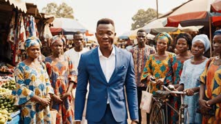 Un jeune africain dynamique s'exprimant en langue française et en costume bleu se tient dans un lieu public animé (marché ou rue d’une ville africaine). Il parle fort pour attirer l’attention des passants. Des personnes s’arrêtent autour de lui pour écouter. Caméra légèrement en mouvement, ambiance réaliste.

Texte / Voix du personnage :



"🚨 Hé vous là ! Oui vous ! Vous cherchez une activité rentable ? J’ai une grande annonce pour vous !"

