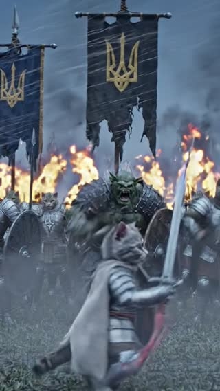 Use the reference image as the exact main character: tiny grey kitten, round fluffy face, huge dark eyes, small pink bow, polished silver medieval armor with an engraved Ukrainian trident (tryzub) on the chest plate, short pale cape, realistic kitten proportions. Keep face, fur, armor, trident, bow and size identical throughout.

12-second photorealistic cinematic medieval fantasy.

0-3s: Low tracking shot in front of the kitten walking through a misty battlefield at dusk, wet grass, mud, broken spears, cape in the wind. The engraved trident on his chest glints in cold light. Determined look.

3-5s: Side low angle. The kitten stops, looks into the fog, draws his sword in one clean motion and raises it. Slow push-in.

5-8s: Hard cut to a wide shot across the field: a huge orc army marches out of the fog toward camera, brutish green-grey warriors in crude black iron armor with axes, spears, torches and tattered banners. The ground shakes.

8-12s: Cut back to the kitten, sword raised, facing the orcs. Camera trucks sideways and pulls back, revealing long ordered rows of similar realistic cat knights (grey, silver, tabby) beside him, all in silver armor with the same engraved trident, holding swords, spears and shields under blue and yellow pennants. They raise weapons together. The pink-bowed kitten stands in front as leader. Camera rises slightly, ending on the epic standoff between the cat army and the distant orc horde.

Style: ultra photorealistic dark fantasy, live-action film look, realistic fur and metal, crisp trident engravings, volumetric fog, cold blue-grey dusk, warm orange torchlight on the orc side, wet reflections, dramatic scale.

Only the main kitten wears a pink bow. No cartoon look, no human bodies on cats, no deformed paws or extra limbs