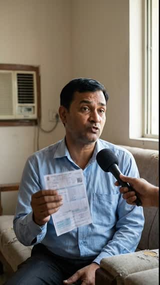 The man looks directly at the camera, speaking in Hindi with minimal, expressive hand gestures, emphasizing his points with an empathetic but unwavering gaze.
 He says: "मैंने कहा 18% वो हँस पड़ा। बोला “मेरे उसी कंपनी से 12% है। Oolka App यूज़ कर मैंने डाउनलोड किया AI Expert ने मेरी 3 साल की पेमेंट हिस्ट्री देखी।"