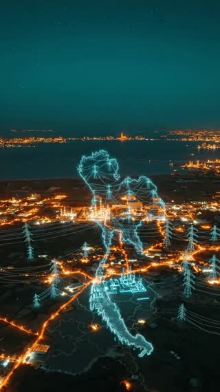 Create a photorealistic cinematic documentary video illustrating Thailand's future nuclear energy planning.

Begin with a dramatic aerial view of Thailand at night, illuminated cities and industrial areas connected by glowing electricity transmission lines.

The camera smoothly transitions into a sophisticated digital energy planning map of Thailand. A realistic but clearly conceptual Small Modular Reactor (SMR) power plant gradually appears as a 3D architectural visualization.

Show an initial proposed 300 MW SMR project, then smoothly zoom out to reveal a wider nationwide energy planning network representing a proposed expansion to 9,000 MW by 2050.

Use intense teal-and-orange cinematic color grading, soft bloom lighting, subtle film grain, dramatic shadows, and smooth professional camera movements.

Style: high-budget investigative science documentary, realistic engineering visualization, serious and futuristic atmosphere.

Vertical 9:16, 1080 × 1920, 12 seconds.

No narration, no subtitles, no logos, no watermarks. Leave space for numerical text and labels to be added during editing. Clearly represent future proposals, not existing nuclear power plants.