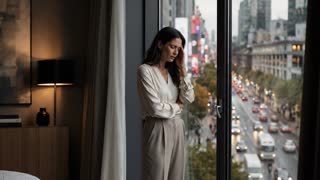 The scene starts with the window ALREADY OPEN: outside, a busy city avenue with heavy traffic, honking horns and engines fills the room with loud urban noise. The woman has a headache, one hand pressed to her temple, tense and bothered by the noise. She lowers her hand, reaches for the window and slowly closes it. The moment the glass seals, the street noise drops to clean silence and the busy avenue softly blurs behind the glass. Relieved, she relaxes her shoulders and a soft, genuine smile of comfort appears - calm, content and happy. She does NOT speak, her mouth stays closed, no dialogue, no words. Inside, warm soft light, serene premium mood, only quiet room tone. Subtle slow cinematic camera push-in, 35mm, photoreal, smooth natural motion. Audio: starts with loud street traffic and honking, then sudden clean silence when the window closes. No speech, no voiceover, no talking, no song lyrics. in a cinematic scene with professional lighting, shallow depth of field, and movie-quality visual effects