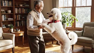scene where have a dog dancing with a person, on a collar held by dog