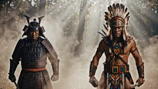 ultra realistic, hyperrealistic, cinematic lighting, 8k, HDR, film grain, volumetric lighting, dramatic shadows, realistic skin texture, motion blur, depth of field, anamorphic lens, epic cinematic tone. both warriors silhouettes facing each other in dust
camera: slow push forward