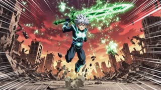 "chico con implemento peleando en estilo anime"