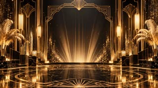 Animate this Art Deco Gatsby background into a luxurious, elegant and perfectly seamless 8-second loop. Keep the exact original composition, architecture, perspective and framing unchanged. The camera must remain completely locked off: absolutely no camera movement, no zoom, no pan, no tilt, no reframing.
Bring the environment subtly to life. The warm golden Art Deco lights gently shimmer and breathe with very slight natural variations in intensity. Tiny elegant golden particles and dust motes slowly float through the background, especially around the central stage and distant lights. The distant sparkling lights softly twinkle. The golden light rays behind the central stage gently fluctuate and shimmer without changing their position or shape dramatically.
Create very subtle moving reflections of these lights on the glossy black and gold floor, consistent with the existing architecture. The decorative feathers on both sides can have an extremely subtle slow movement, as if touched by a barely perceptible indoor breeze.
Keep the large central area visually clean and unobstructed because a presenter will later be composited there on green screen.
Premium cinematic 1920s Great Gatsby atmosphere, sophisticated, luxurious, realistic lighting, black and warm gold palette. No people, no text, no new objects, no deformation, no architectural changes.
Perfect seamless loop: frame 8 seconds must transition invisibly back to frame 0. All light pulses, particles, reflections and subtle movements must return naturally to their initial state.