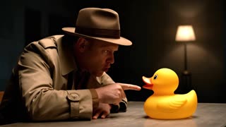 A detective interrogates a nervous-looking rubber duck. "Where were you on the night of the bubble bath?!" he quacks. Audio: Detective's stern quack, nervous squeaks from rubber duck.
