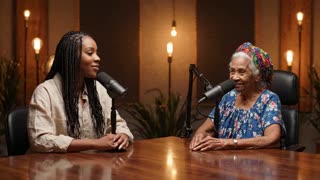 Create an ultra-realistic cinematic podcast set in a modern studio. Two people are seated across from each other at the same table with professional microphones, soft warm lighting, and multiple cinematic camera angles (wide shot, close-up, side profile, over-the-shoulder). The atmosphere is calm, elegant, and intimate.

The young woman is named Melissa, a confident and respectful Haitian woman in her mid-20s. She is dressed casually and speaks with sincerity.

The elderly woman is named Grann Yayane, a 100-year-old Haitian grandmother. She has beautiful natural wrinkles, silver-white hair covered with a traditional Haitian headscarf, wears a simple floral dress, and has a gentle smile that reflects wisdom and a lifetime of experience. She speaks slowly, warmly, and with authority.

The conversation must be entirely in Haitian Creole.

Melissa says:

"Bonjou Grann Yayane. Mwen vin jwenn ou paske tout moun di ou gen anpil sajès. Mwen gen yon kestyon sou lavi prive mwen. Mwen renmen yon moun anpil, men pafwa mwen santi relasyon an pa ban mwen lapè. Kijan mwen ka konnen si se vrè lanmou oswa si mwen dwe pran distans?"

Grann Yayane replies in Haitian Creole:

"Pitit mwen Melissa, vrè lanmou pa dwe fè ou pèdi valè ou. Yon moun ki renmen ou ap respekte ou, ap pale avè w ak verite, epi l ap pote lapè nan kè ou. Pa prese pran desizyon anba emosyon. Pran tan pou obsève aksyon moun nan, paske aksyon toujou pale pi fò pase bèl pawòl. Toujou renmen tèt ou anvan tout bagay."



Style: ultra-realistic, documentary quality, cinematic, 4K HDR, shallow depth of field, premium podcast studio, realistic skin texture, crystal-clear audio, natural room ambience, professional color grading.