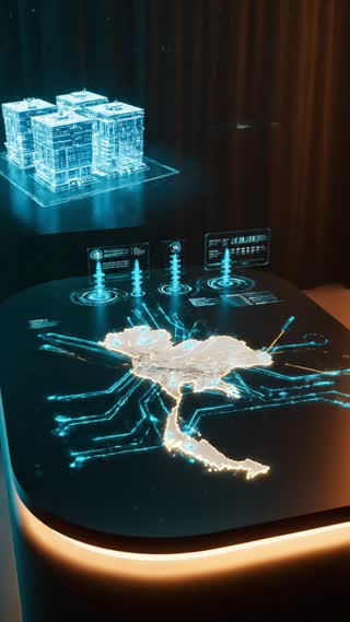 A high-end cinematic science documentary visualization of Thailand's long-term electricity planning. The camera moves toward a sleek digital energy planning table displaying a realistic map of Thailand, electrical grid connections, and subtle glowing data visualizations. A conceptual small modular nuclear reactor facility appears as a semi-transparent architectural model beside the planning map, representing a future proposal rather than an existing power plant. Elegant teal-and-orange cinematic lighting, realistic reflections, smooth slow camera orbit, sophisticated investigative documentary atmosphere, subtle film grain, photorealistic visual effects, vertical 9:16. Leave clean negative space in the center for numerical graphics to be added during editing. No generated text, no subtitles, no logos, no watermarks.