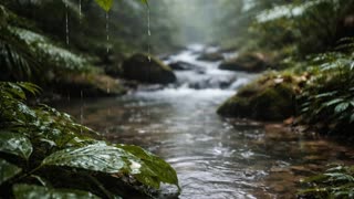 Scene 2: Immersion (Pull Viewer In Deeper)

The camera lowers closer to the ground, focusing on raindrops landing on leaves and pooling water, with a shallow depth of field that blurs the forest behind. Droplets fall from tree branches in slow, irregular patterns, adding natural variation. The sound would feel layered here—soft rainfall, distant birds occasionally, and subtle leaf movement. The environment feels alive but gentle, reinforcing a sense of peace and stillness. in a dreamy, surreal atmosphere with soft focus effects and ethereal lighting