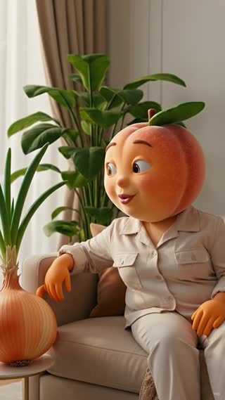 Create a 5-second vertical (9:16) cinematic animation.

Use the uploaded Peach character and EUROICE air conditioner as exact references.
Keep the Peach character identical to the reference image.
The air conditioner is OFF at the beginning of this scene.

The Peach is sitting on the sofa and smiles after seeing the exhausted Onion.

🍑 Peach says in Persian:
«وای، خدا رو شکر که کولر گازی یوروآیس رو دارم!»

She immediately picks up the remote control and presses the power button.

The EUROICE air conditioner turns ON.

A strong stream of cool air flows through the living room.
Curtains move gently, the leaves of the houseplants sway, and the hot atmosphere instantly becomes fresh and comfortable.

🍑 Peach happily says in Persian:
«الان دیگه همه‌جا خنک میشه!»

The Onion feels the cool breeze and smiles with relief.

Camera:
Cinematic close-up of Peach, then a smooth pan to the EUROICE air conditioner as it turns on, followed by the cool airflow filling the room.

Style:
Pixar-quality 3D animation, realistic fruit textures, cinematic lighting, smooth camera movement, premium commercial quality, 4K.

No subtitles, no captions, no text on screen.
Avoid changing the characters or the EUROICE air conditioner design. in a cinematic scene with professional lighting, shallow depth of field, and movie-quality visual effects

remove onion in a cinematic scene with professional lighting, shallow depth of field, and movie-quality visual effects