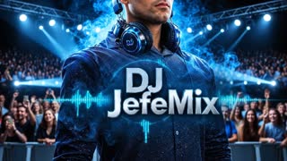 Animate only the background and the objects in the scene. The glowing neon blue lasers and lights must sweep dynamically across the cheering crowd. The atmospheric smoke gently billows around the scene. The digital sound waves around the 3D 'DJ JefeMix' logo pulse and bounce to a beat. The DJ (the man in the center) must remain completely frozen and static at all times, with absolutely no movement in his face or body. High energy, photorealistic, 4k resolution, smooth motion for the background elements only."
