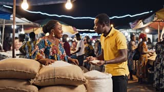 Scène de marché de nuit à Abobo, sacs de riz bien rangés, lumière LED, clients négociant, ambiance dynamique, rendu réaliste . Parlé français 
