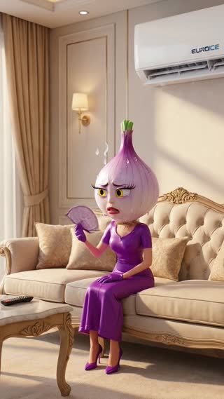 Create vertical (9:16) cinematic commercial video.
consistent anthropomorphic fruit characters:
🧅 Female Onion
IMPORTANT:
Use the uploaded reference image as the exact character reference.
Keep the same characters throughout the entire video.
Do NOT change their faces, colors, textures, clothes, or appearance.
They speak ONLY Persian with accurate Persian lip sync.
No subtitles and no text on screen.

Onion suddenly stands up, grabs the remote control with its small cartoon hand, walks to the EUROICE air conditioner, and turns it on.

🧅 Onion says in Persian:
«کافیه! قبل از اینکه همه‌مون تبدیل به آبمیوه بشیم، یوروآیس رو روشن می‌کنیم!»

The EUROICE air conditioner starts working.
Cool air spreads through the room.

IMPORTANT:
The Onion character is the exact same character from the uploaded reference image.
No subtitles. No captions. No text on screen.
make with the highest quality in a cinematic scene with professional lighting, shallow depth of field, and movie-quality visual effects