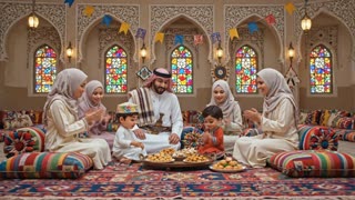 ![Image](https://images.openai.com/static-rsc-3/Gy8YbEDNcLfTgSQ07aG8Cirdki-hIWTcMHv2nvcE1K42K2BTjrguz6l80VHA7yuqZV1cgRVwX63MgiyKRxi2ffK_lwzzsFQWI5mI95N5o9I?purpose=fullsize\&v=1)

![Image](https://i.etsystatic.com/37085538/r/il/c1d639/6669280289/il_fullxfull.6669280289_gb9m.jpg)

![Image](https://images.openai.com/static-rsc-3/StSeQoPX9uaeLpuLeq3N42eFLGPNQqpiTnQMCDZiLPNwslry2jT13kd1eFKQEH3iKfpl1KP6nbD9JUDm5VgcrSCpue0fKCgFOhRy05V0RQo?purpose=fullsize\&v=1)

![Image](https://arabicsofa.com/cdn/shop/files/Siverek_-_Sanliurfa___Dr._Mevlut_Agachanli_hocamiza_ozel_tasarladigimiz_sark_odasini_teslim_e_1.jpg?v=1757503507)

## فكرة المشهد

داخل *مجلس يمني تقليدي*:

* أب مع أولاده
* عائلة أخرى تزورهم
* الجميع بلباس يمني تقليدي
* وجود *زينة العيد* في المجلس
* وجود *جعالة العيد (حلويات ومكسرات)* على الصحون
* جو عائلي دافئ

الشخصيات *كرتونية* والبيئة *واقعية يمنية*.

---

# البرومبت

استخدم هذا النص:


Cinematic scene inside a traditional Yemeni majlis during Eid celebration.

A traditional Yemeni living room with floor cushions, colorful carpets, decorated windows and traditional Yemeni architecture.

Two Yemeni families are sitting together. 
A father with his children and another visiting family celebrating Eid.

Cartoon-style Yemeni characters wearing traditional Yemeni clothing. 
Men wearing white thobes, jambiya daggers and shawls. 
Children wearing traditional Yemeni Eid clothes.

Eid decorations hanging inside the room with lanterns and festive banners.

Traditional Eid snacks and sweets (Ja'alah) placed on trays in the center of the majlis.

Warm joyful family atmosphere, people smiling and talking happily.

Realistic Yemeni majlis environment with cartoon animation characters, cinematic lighting, highly detailed, 4K.