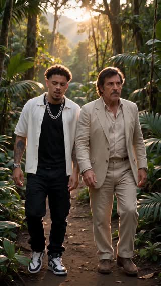 Cinematic tracking shot, two men walking on jungle dirt path, golden hour sun through trees. Main character from reference image looks annoyed walking next to Pablo. 

Dialogue:
Main (American accent, annoyed): "Bro, I thought you said we was close. How far is Pablo?"
Pablo (Spanish accent): "We are almost there, stop complaining asshole."

Audio: jungle birds, footsteps