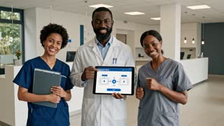 A cinematic 16:9 video animated from the clinic setting. The Black male clinic director stands confidently in a bright, modern clinic lobby beside his two Black female nurses. He smiles warmly and presents a digital tablet showing the Spark Med mobile interface displaying a 4-step workflow. The scene smoothly transitions to show the dynamic digital process: first, a patient booking an appointment on a smartphone; second, a nurse registering vital signs at the reception desk; third, a doctor reviewing a digital medical record during a consultation; and fourth, the director analyzing live clinic metrics on his dashboard. Bright natural clinic lighting, fluid realistic movement, professional medical environment. A warm, clear French voiceover explains: « Avec Spark Med, tout s'enchaîne : le patient prend rendez-vous, l'infirmier trie, le médecin consulte et le directeur pilote.» Photorealistic, 4k quality, inspiring tone.Avec Spark Med, tout s'enchaîne : le patient prend rendez-vous, l'infirmier trie, le médecin consulte et le directeur pilote. »