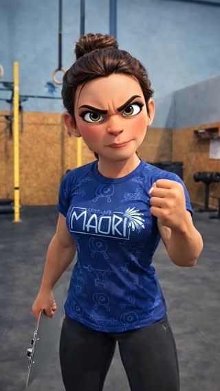 A determined female fitness coach in her 30s, wearing athletic wear and holding a clipboard, addresses a client with a mix of firmness and playful irony in a modern, well-equipped gym. The scene is set during a daytime training session with bright, clean lighting from overhead fixtures. The coach gestures emphatically while speaking directly to the client, her expression serious but with a subtle, knowing smile. The shot is a medium close-up, handheld to create a dynamic, documentary-style feel, focusing on the coach's expressive face and body language. The visual style is crisp and contemporary, resembling a professional vlog or reality TV segment. The audio features the coach's clear, motivational speech with the ambient sounds of gym equipment and background activity.