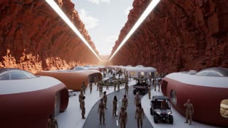 Live-action photorealistic wide shot, camera gliding through an absolutely massive futuristic underground tunnel settlement on Mars, stretching for miles in length and width, distant walls fading into soft atmospheric haze, an extremely high vaulted ceiling embedded with long strips of engineered light simulating a bright open sky, no windows or surface openings anywhere. All structures use smooth rounded futuristic architecture — curved edges, domed rooftops, organic flowing forms rather than sharp rectangular buildings — finished in tones of deep red, burnt orange, and clean white, no signage or text on any structure. The tunnel floor holds a sparse settlement within the enormous open space: a handful of connected rounded residential modules, a modest unlabeled communal gathering/dining structure, a small rounded school-like building, a narrow road with a few utility vehicles. Small clusters of people move quietly through the space wearing casual Mars colony clothing — fitted jumpsuits, layered utility jackets, practical soft-soled footwear in muted neutral tones, no bulky spacesuits. Minimal greenery in small designated garden pockets. The immense scale of the empty tunnel dwarfs the settlement inside it, with the space continuing far beyond the visible horizon in every direction. Shot on real film camera aesthetic with natural lens grain, warm red-orange-white palette balanced against cool ceiling light, slow smooth continuous forward camera movement, documentary-style realism, no CGI or animated look, awe-inspiring vast mood emphasizing the sheer scale of the excavated space.
