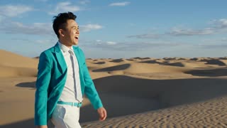 这个人物行走在沙漠，表情比较高兴