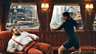 A young woman with light brown skin looking and dresses exactly as she is in the reference image has a determined expression stands in the opulent main compartment of a luxury train. The interior features deep red velvet upholstery, comfortable leather couches, and large tinted windows framing a blurred, passing VERY STEAM PUNK MANHATTAN CITYSCAPE DURING THE DAY. She faces a large, MUSCULAR, well built, imposing man SEEN IN THE REFERENCE IMAGE TO THE LEFT OF THE GIRL IN THE TRAIN COMPARTMENT in a tense confrontation. The fight is quick and brutal. He lunges forward with a slow, telegraphed swing; she swiftly ducks under his arm. In a fluid motion, she counters with a precise, controlled strike to his shoulder, causing him to stumble backward in surprise. She follows with a swift, hard karate chop to his neck and he slumps onto a plush couch, incapacitated. THERE IS NO ONE ELSE IN THE COMPARTMENT EXCEPT FOR THE WOMAN AND MUSCULAR MAN. Through the windows we can see a VERY STEAM PUNK MANHATTAN DURING THE DAY passed by.  Cinematic wide shot with dramatic low-key lighting, shadows playing across the velvet, camera tracks the action smoothly. Style is a dynamic action sequence with stylized choreography, emphasizing agility and skill over impact. in a cinematic scene with professional lighting, shallow depth of field, and movie-quality visual effects.   in a cinematic scene with professional lighting, shallow depth of field, and movie-quality visual effects