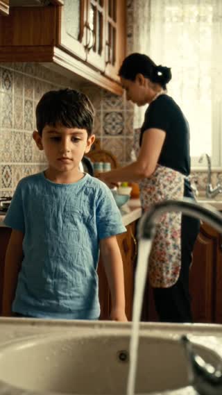 A child enters the kitchen and notices the tap still running. The child looks at the flowing water with a thoughtful expression, then glances toward the adult who is distracted nearby. The scene is quiet and realistic, no exaggerated emotion, soft daylight, shallow depth of field, subtle emotional public service announcement mood, vertical 9:16, no text, no logo, no watermark.

Realistic cinematic public service announcement short film about saving water at home, a warm Turkish family home, kitchen or bathroom sink, an adult accidentally leaves the tap running while distracted, a child notices the running water and quietly turns off the tap, the adult sees this and realizes the importance of saving water, calm emotional storytelling, natural acting, warm daylight, documentary realism, shallow depth of field, soft film grain, vertical 9:16, no text, no logo, no watermark, no cartoon, no animation.

Genel Negatif Prompt: cartoon, animation, 3D, fantasy, disaster, drought disaster, crying child, extreme poverty, dirty water, war, violence, blood, scary atmosphere, exaggerated acting, text, logo, watermark, distorted hands, extra fingers, deformed faces, unrealistic water movement, messy dirty house.