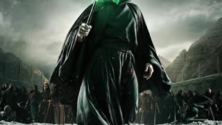 A tall, gaunt figure in flowing black robes strides toward the camera in dramatic slow motion, his pale face and snake-like features illuminated by the eerie green glow of his wand. His dark cloak billows in a supernatural wind as glowing embers rise around him like fiery snowflakes. Lightning flashes in the stormy sky behind him, casting dramatic shadows across a desolate, misty landscape. Cinematic low-angle dolly shot with shallow depth of field, thunder rumbling ominously in the distance, dark fantasy aesthetic with high contrast lighting. in a cinematic scene with professional lighting, shallow depth of field, and movie-quality visual effects
