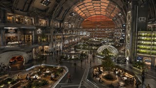 Live-action photorealistic wide interior shot of a massive multi-level atrium inside a futuristic space habitat, an immense vaulted ceiling with exposed structural trusses and industrial framework arching overhead, the far wall now fully enclosed with solid paneling and structural framework in place of the arched window — no view to the outside world, all illumination coming from engineered overhead and ambient lighting rather than any exterior light source. Multiple stacked levels of interior balconies and walkways line both sides of the space, lit storefronts and offices visible along the upper floors, one clearly marked "ARES HABITAT" with a level marker "02" beside it, and another labeled "03 AGRICULTURE" near a tall vertical farming structure with illuminated stacked plant racks growing rows of greenery. In the center of the ground floor, a large glass-domed greenhouse structure houses a full-grown tree surrounded by an open communal seating area with round tables and warm under-lighting, people seated and conversing. To the lower left, another sunken lounge area with tables, benches, and potted plants is filled with seated people. Scattered individuals in casual and utility-style clothing walk across the open central floor between the seating areas, some near a rounded doorway entrance on the lower left leading to a warmly lit interior room. The architecture combines exposed industrial metal framework with warm wood-toned seating areas and cool structural surfaces, soft ambient down-lighting throughout, camera holding a high wide static angle looking down across the entire atrium, shot on real film camera aesthetic with natural lens grain, documentary-style realism, no CGI or animated look, bustling yet orderly atmosphere emphasizing a fully self-contained.
