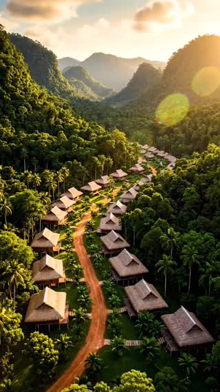 A tropical Papuan village surrounded by lush green forest and hills. Small wooden houses and dirt roads are visible. Suddenly the area slowly transforms into a modern luxury housing complex with beautiful villas, clean roads, palm trees, and parks. Cinematic drone shot, ultra realistic, sunset lighting, highly detailed, 4K. Rasio 9 : 16