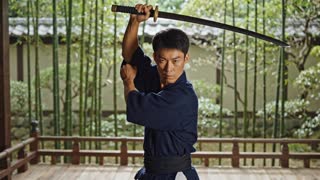 ultra realistic, hyperrealistic, cinematic lighting, 8k, HDR, film grain, volumetric lighting, dramatic shadows, realistic skin texture, motion blur, depth of field, anamorphic lens, epic cinematic tone.                                      samurai cutting bamboo clean slice. outdoor stage Japanese garden
camera: slow motion                                                                                                                                          