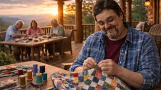 He is quilting on the porch of a cabin in the Appalachian mountains of Tennessee. There is beautiful magic light. Medium shot. We very slowly pan across the frame. We don't go closer than medium shot. He looks up at camera happily.