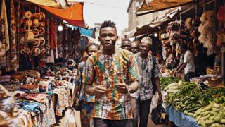 Un jeune africain dynamique se tient dans un lieu public animé (marché ou rue d’une ville africaine). Il parle fort pour attirer l’attention des passants. Des personnes s’arrêtent autour de lui pour écouter. Caméra légèrement en mouvement, ambiance réaliste.