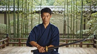 ultra realistic, hyperrealistic, cinematic lighting, 8k, HDR, film grain, volumetric lighting, dramatic shadows, realistic skin texture, motion blur, depth of field, anamorphic lens, epic cinematic tone.                                      samurai cutting bamboo clean slice.
camera: slow motion                                                                                                                                          