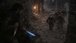 The orc patrols walks away as the rogue watches silently nearby. The rogue doesn't move, he just watches as the move away.