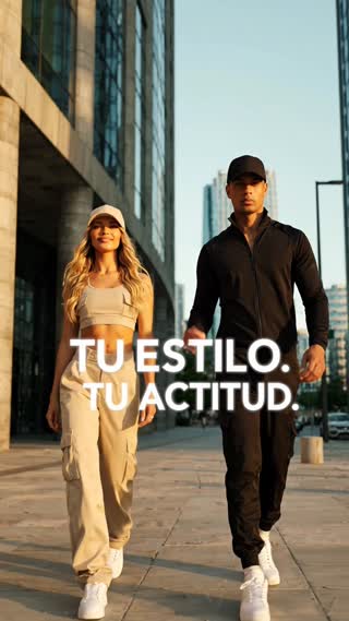 Video publicitario urbano, texto a video, duración máxima 8 segundos, estilo cinematográfico realista. Escena en una calle moderna de ciudad con edificios altos, concreto y cristal, ambiente streetwear premium.

Aparecen dos modelos jóvenes adultos caminando hacia la cámara. La mujer es rubia, de apariencia estadounidense, atractiva y atlética. El hombre es de tez morena clara, de apariencia estadounidense, atractivo y atlético. No generar rasgos asiáticos ni estilo de modelos chinos.

El hombre viste outfit negro completo, tenis blancos y gorra negra lisa de 6 paneles con visera curva. La mujer viste outfit beige tipo cargo, tenis blancos y gorra beige lisa de 6 paneles con visera curva.

Ambos modelan principalmente las gorras mientras caminan. El hombre toca suavemente la visera y la mujer acomoda su gorra y gira ligeramente el rostro para mostrarla de perfil. Incluir breves primeros planos de las gorras para resaltar forma, textura y costuras.

Importante: la gorra negra del modelo hombre debe permanecer puesta durante todo el video, en todas las escenas y todos los cambios de plano. Nunca debe desaparecer, quitarse ni cambiarse. En la última escena, el modelo hombre debe seguir usando claramente la gorra negra.

Movimientos totalmente naturales, fluidos y humanos, sin rigidez, deformaciones ni movimientos robóticos. Cámara suave tipo comercial de moda.

Texto en pantalla: “TU ESTILO. TU ACTITUD.” y al final “ENCUENTRA TU COLOR”. Ortografía extremadamente estricta: sin errores, letras deformadas ni palabras inventadas.