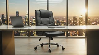 {
  "prompt": "Cinematic luxury commercial video, 10 seconds. A stunning ultra-modern office with floor-to-ceiling glass windows overlooking a glittering city skyline at golden hour. At the center: a premium black leather executive office chair with thick cushioned backrest, padded armrests, and a polished chrome star base with smooth casters, placed at a sleek white marble desk with a thin laptop and soft ambient lighting. Scene opens with a dramatic low-angle slow orbit around the chair, studio rim lights making the leather gleam and the chrome base sparkle. Then a sharp-dressed executive in a dark suit enters frame and sits confidently into the chair — it reclines smoothly, showing flexibility and comfort. Quick cinematic close-ups: hand pressing into the soft leather, chrome base catching light, casters rolling silently on polished floor. Final shot: the empty chair rotates slowly under a single dramatic spotlight in the center of the dark office, a tagline fades in. Spanish voiceover in a deep, powerful, slow narrator voice with dramatic pauses: '¿Listo para liderar desde el lugar que mereces? Cuero premium. Soporte total. Diseño que domina. Porque las grandes decisiones merecen el mejor asiento. Hazla tuya hoy.' Background music: cinematic orchestral with subtle electronic bass, luxury car commercial style. Sound effects: soft leather creak, smooth caster roll, ambient city hum. Color grade: rich blacks, warm golds, cool chrome reflections, high contrast cinematic. Style reference: Apple product launch meets luxury automotive ad. Photorealistic 8K quality, shallow depth of field, bokeh background."
}.

