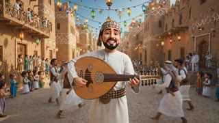 Use the uploaded image as the main character reference.

Transform the person into a cartoon style character while keeping the exact same face and identity.

The character is a Yemeni singer playing an oud.

The scene takes place in a decorated street of Old Sana'a during Eid celebration.

Behind him a traditional Yemeni Al-Bar'a dance group performs.

Festive lanterns and Eid decorations hanging above the street.

Realistic Old Sana'a architecture environment with cartoon style characters.

Cinematic lighting, animated style, highly detailed, 4K.

keep the exact facial features of the uploaded image