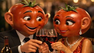 A high-quality 3D animated cinematic shot of a romantic dinner date between two anthropomorphic tomato characters. The male character has a ripe red tomato head with a green stem, human-like ears, and expressive eyes, wearing a sharp black suit and tie. The female character has a similar tomato head with long eyelashes, wearing a sparkling red evening gown and diamond jewelry. They are sitting at a table with a white tablecloth in a dimly lit, upscale restaurant, affectionately toasting with glasses of red wine. There is a plate of spaghetti and a bottle of wine on the table. The background features warm, bokeh lighting from chandeliers, creating a cozy and romantic atmosphere. Pixar-style animation render, 8k resolution.