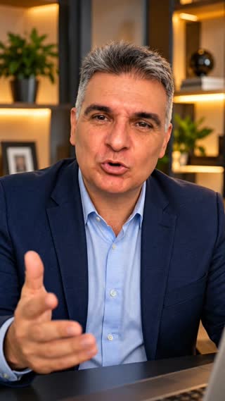 Crie um vídeo realista de 8 segundos, no formato vertical 9:16, utilizando a imagem de referência fornecida.

O homem da fotografia está em um escritório moderno e elegante, usando blazer azul-marinho e camisa azul-clara, sem gravata.

Mantenha seu rosto fiel à fotografia original, preservando os traços faciais, o cabelo grisalho e a aparência natural.

Ele olha diretamente para a câmera e fala em português brasileiro, com voz masculina madura, tom acolhedor, seguro e natural.

**Fala exata:**

"Você já pensou em quem depende de você? E se um imprevisto mudar tudo?"

Durante a fala, faça movimentos leves com a cabeça e uma expressão de reflexão. No final, um sorriso discreto.

Câmera estável, iluminação suave e movimentos naturais.

Não colocar música, não colocar legendas, não colocar textos na tela e não queremos  logotipos.
