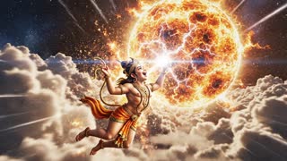 A cinematic mythological scene from Hindu scriptures. Young Lord Hanuman as a divine child flying high in the sky toward the blazing sun, mistaking it for a fruit. Hanuman joyfully leaps and swallows the sun. Immediately the entire universe goes dark. The Earth below becomes surrounded by deep darkness, oceans and mountains barely visible. Stars fade and a mysterious cosmic shadow spreads across the sky. Gods in heaven look shocked and worried as the three worlds fall into darkness. Dramatic lighting, glowing divine aura around Hanuman, epic clouds and celestial atmosphere. Indian mythological style, highly detailed, 4K cinematic visuals, spiritual and majestic tone, slow motion divine moment, temple-style background music atmosphere.